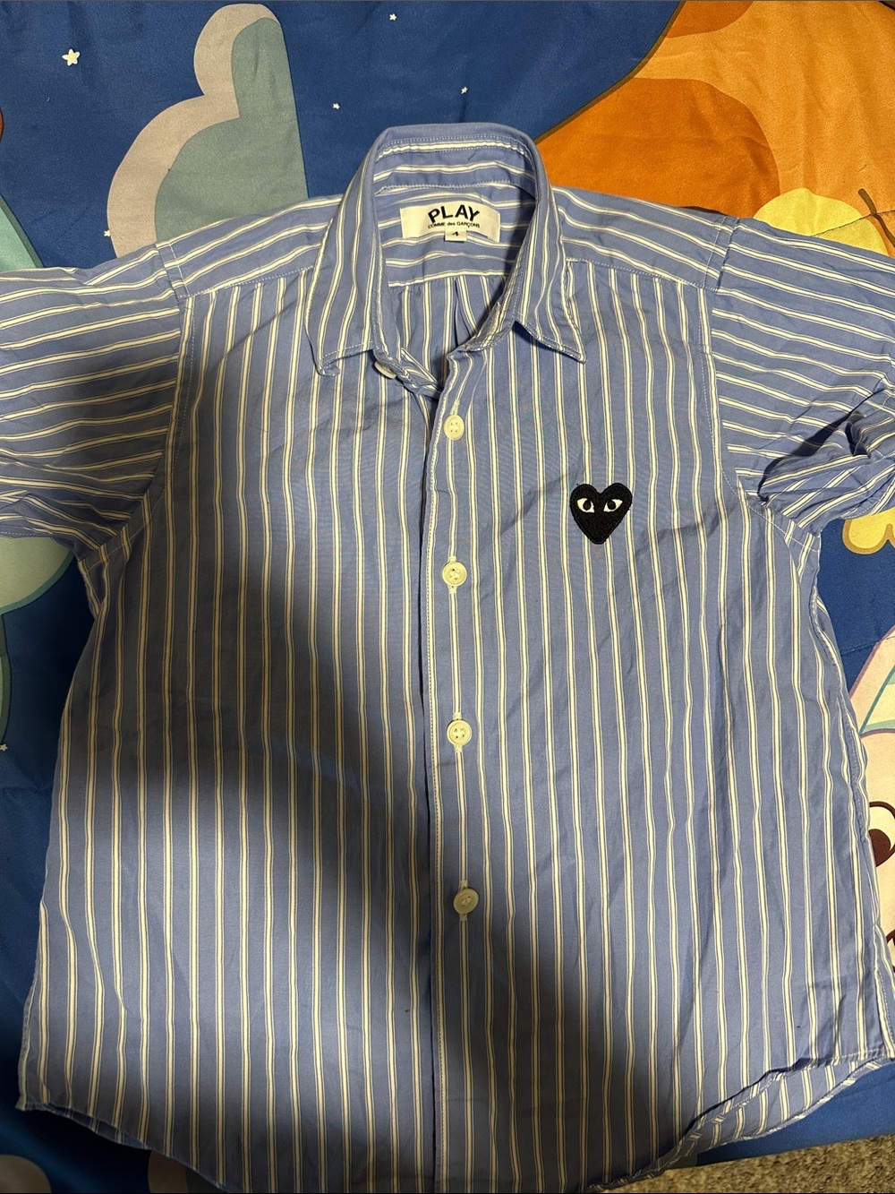 Striped Blue Short-Sleeve Button-Up Shirt with Heart Logo